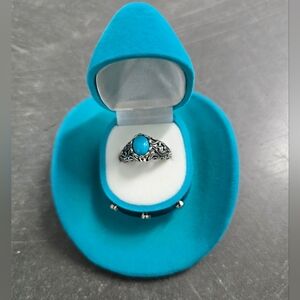 Unique & Rare Southwest Style Sterling Silver Turquoise Ring In Cowboy Hat Box